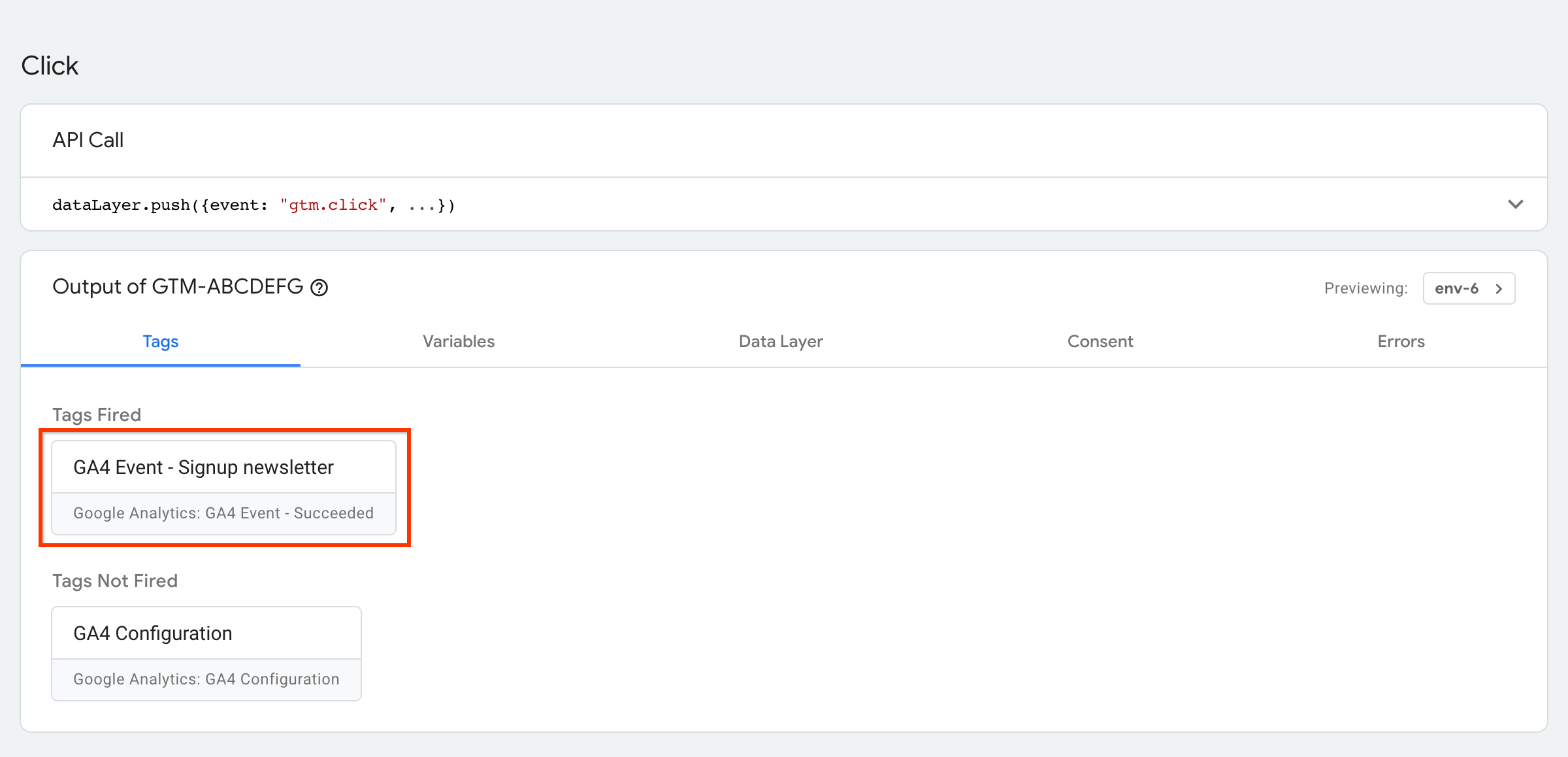 Preview mode for the signup_newsletter event in Tag
Manager