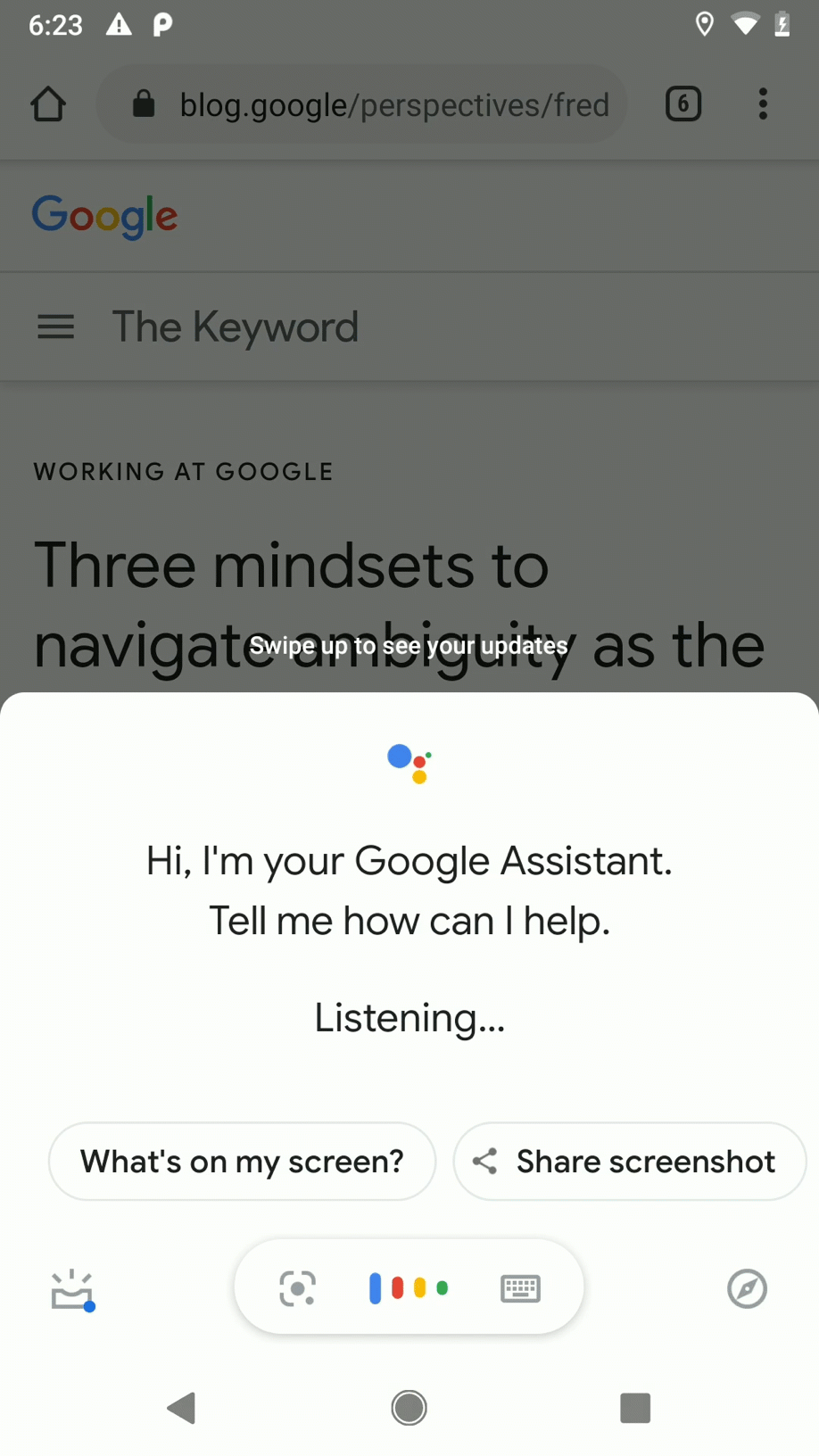 When prompted, an app reads web content on the screen aloud with
            the help of the Google Assistant.