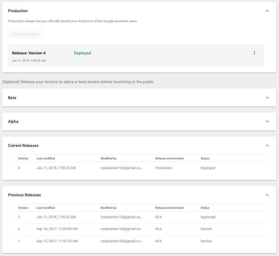 Screenshot of the Actions overview page showing previously released versions