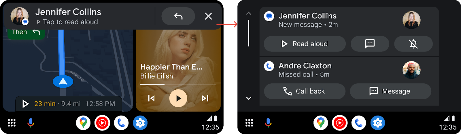 Illustration côte à côte d&#39;une notification de message reçue en tant que notification urgente, puis affichée dans le centre de notifications
