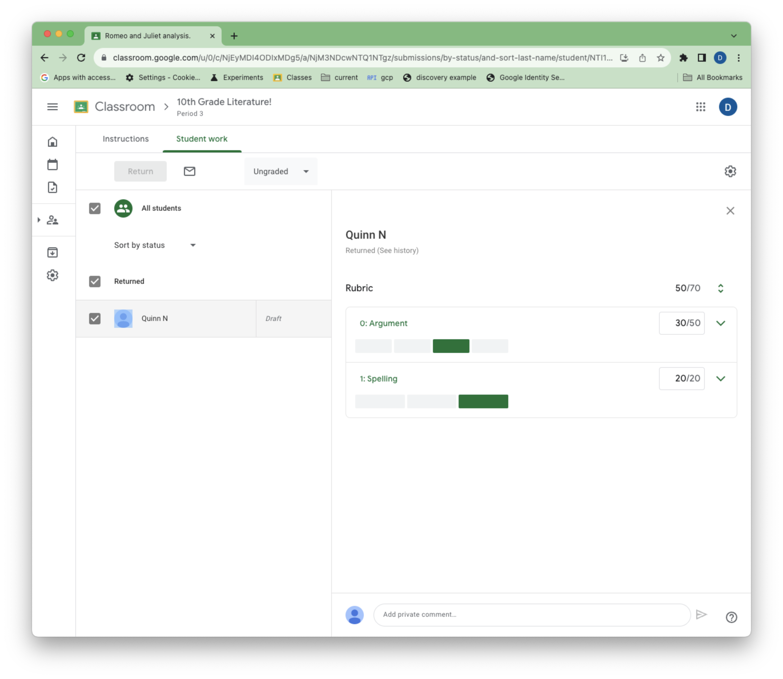 Visualização de uma nota de uma rubrica na interface do Google Sala de Aula