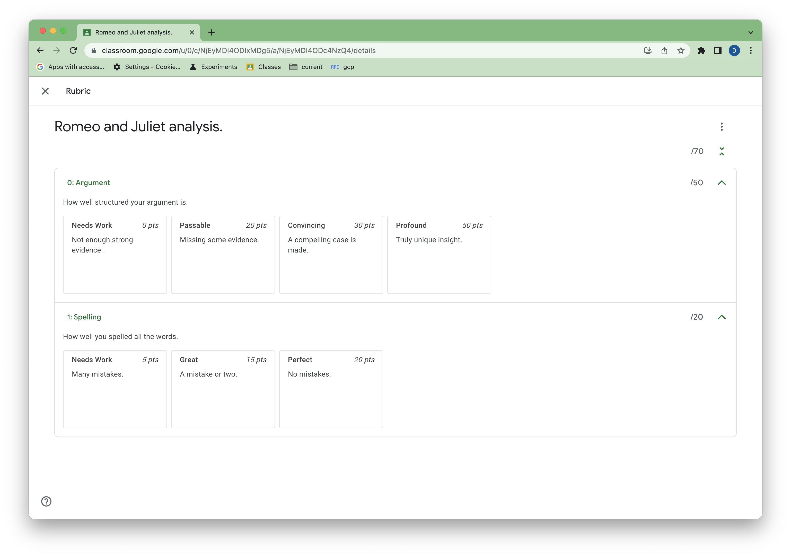 มุมมองของเกณฑ์การให้คะแนนที่อัปเดตใน UI ของ Classroom