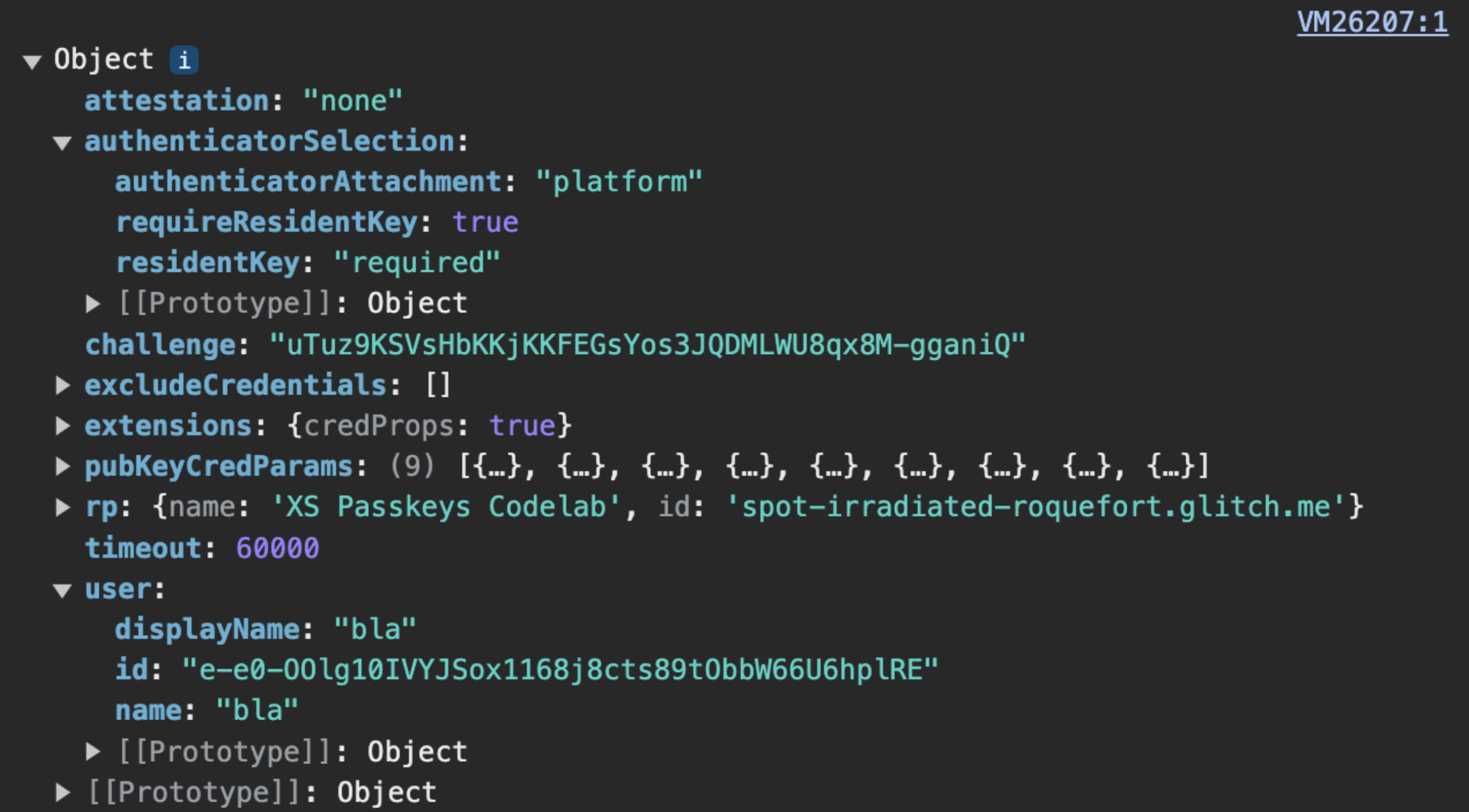 PublicKeyCredentialCreationOptions enviado pelo servidor