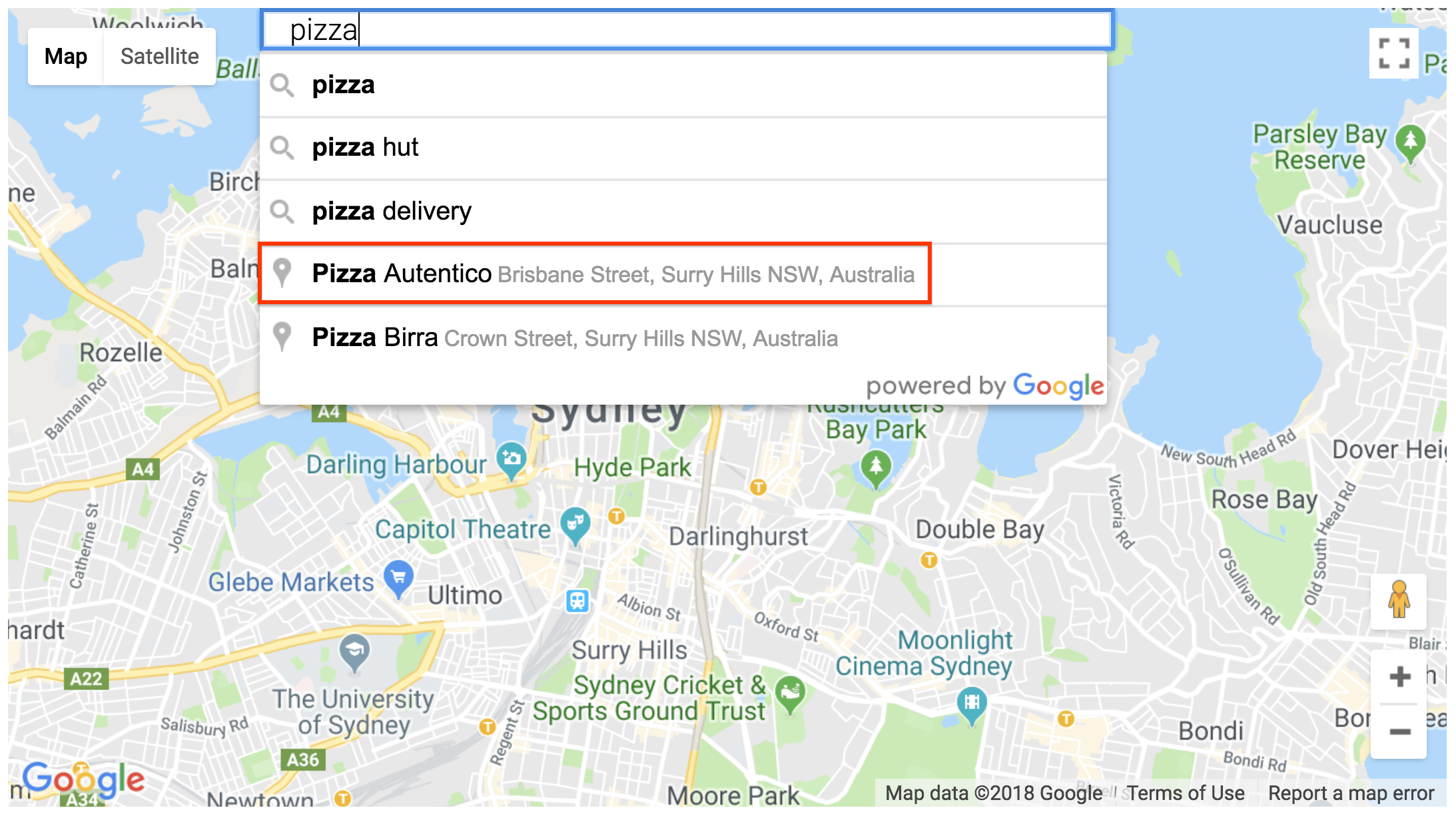 場所の検索結果が表示された Places Details Search Box ウィジェット