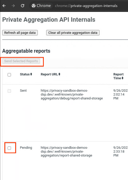 שליחת דוח private aggregationreport