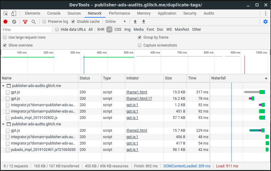 Captura de pantalla de la pestaña Red en las Herramientas para desarrolladores de Chrome