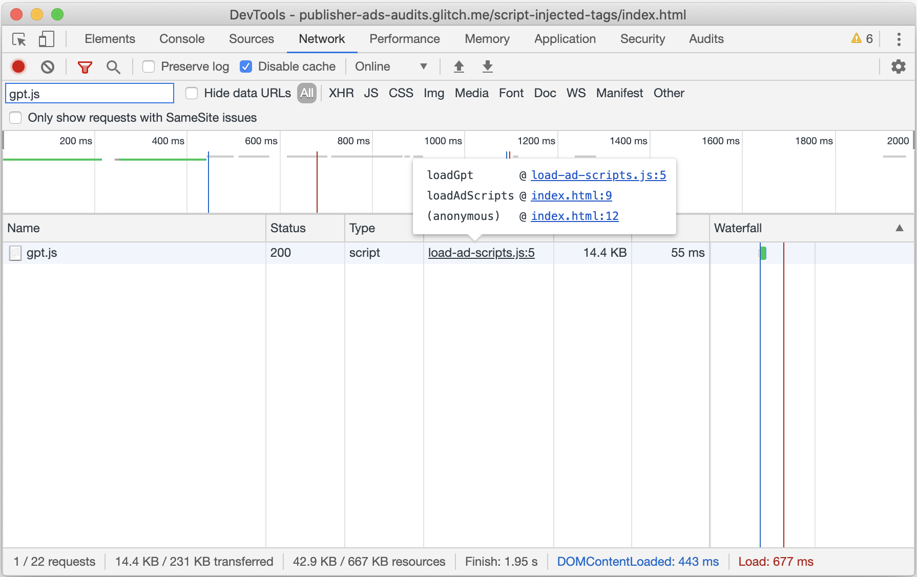 لقطة شاشة لعلامة التبويب &quot;الشبكة&quot; في &quot;أدوات مطوري البرامج في Chrome&quot;