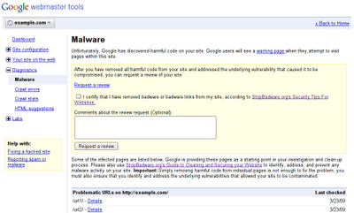 Screenshot of the new malware feature in Webmaster Tools