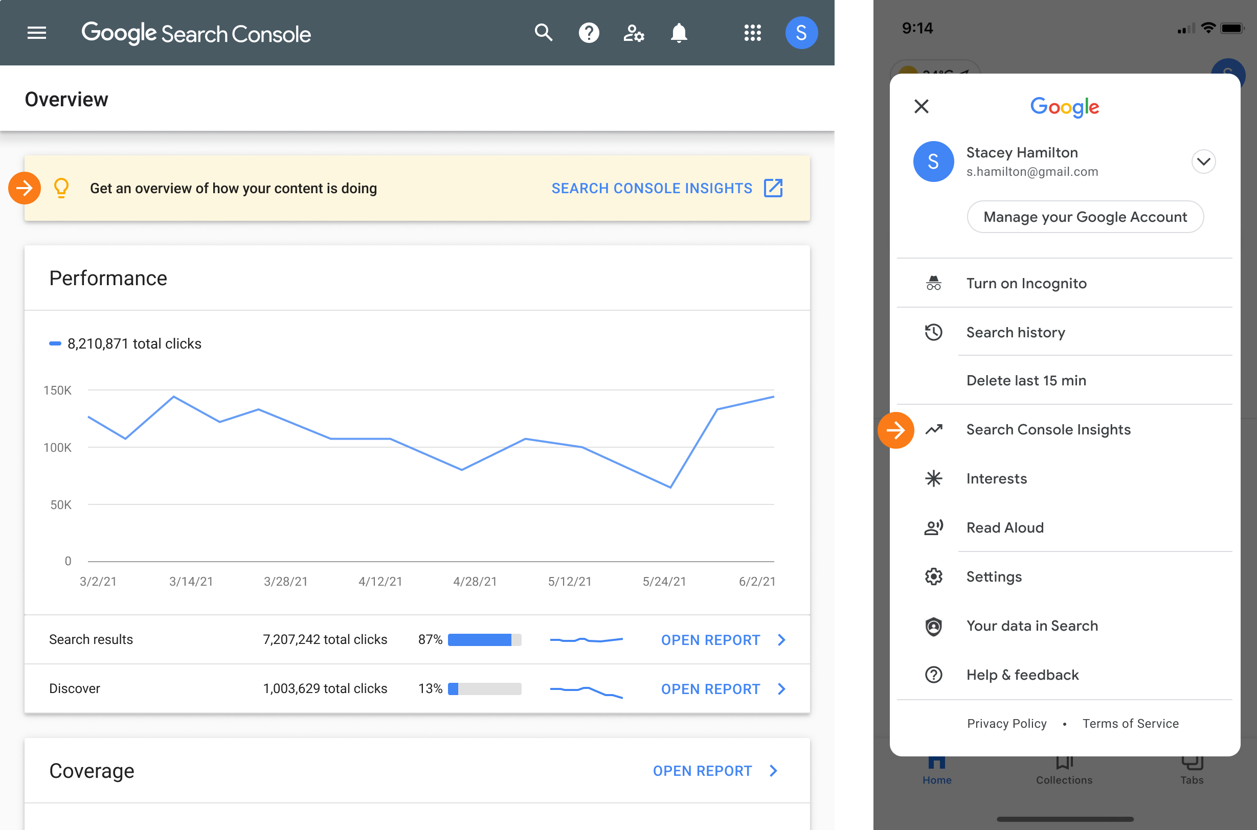 Search Console Insights entry points