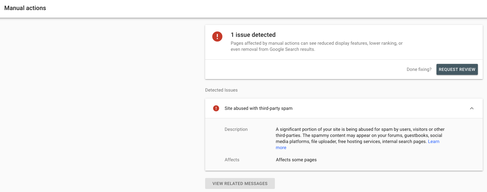 A message in Search Console about a site abused with third-party spam