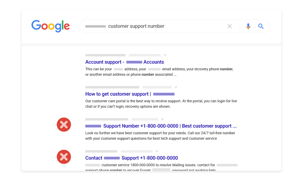 example of customer support scam on search results