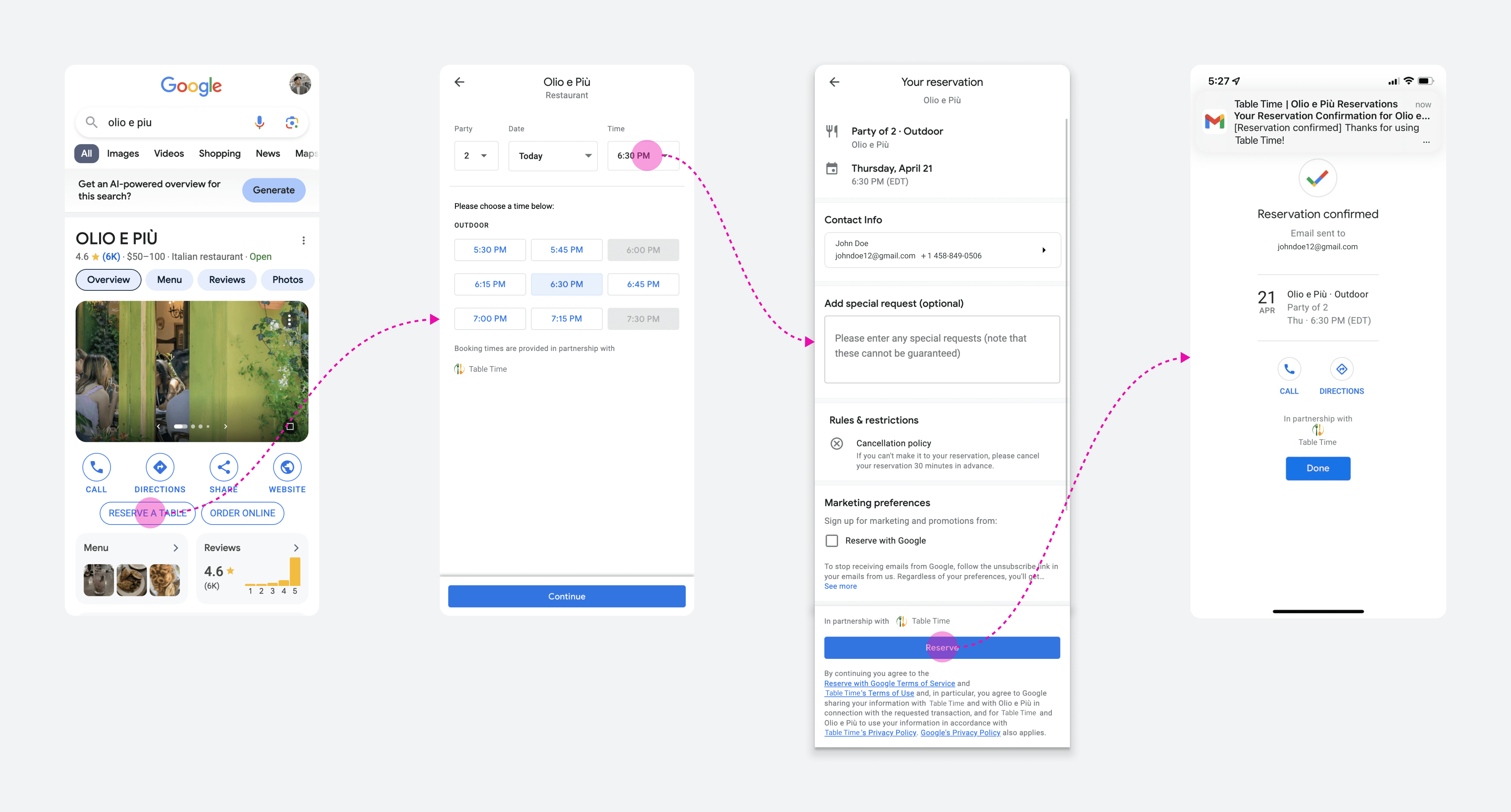 Example of the booking flow via Reserve with Google