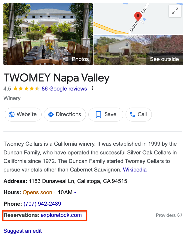 Example of a reservations business link on a Google business listing