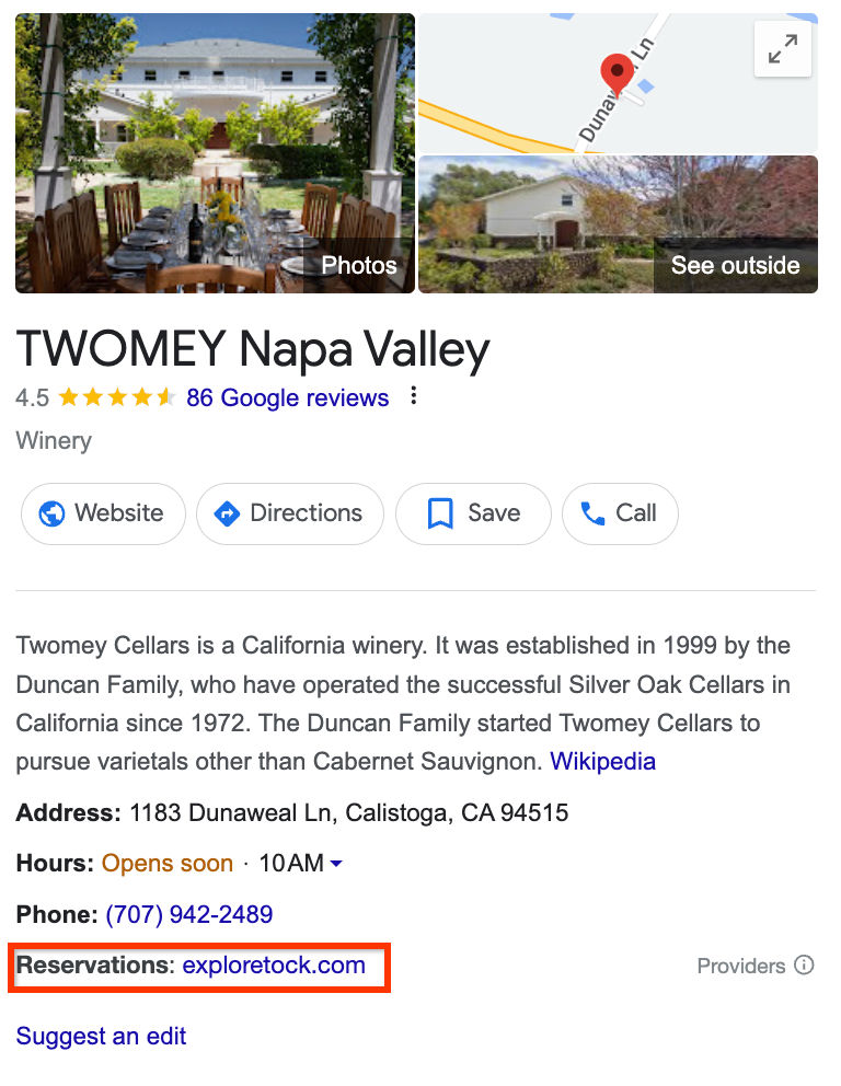 Пример ссылки на страницу бронирования в бизнес-профиле Google.