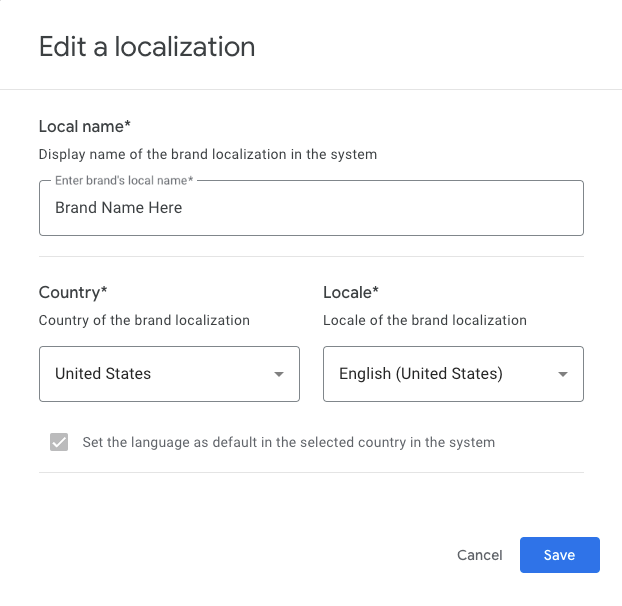 Utiliser la boîte de dialogue de localisation pour saisir une localisation pour la marque