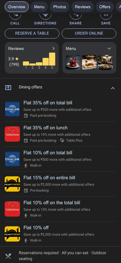 Google 地圖上展開的優惠檢視畫面範例