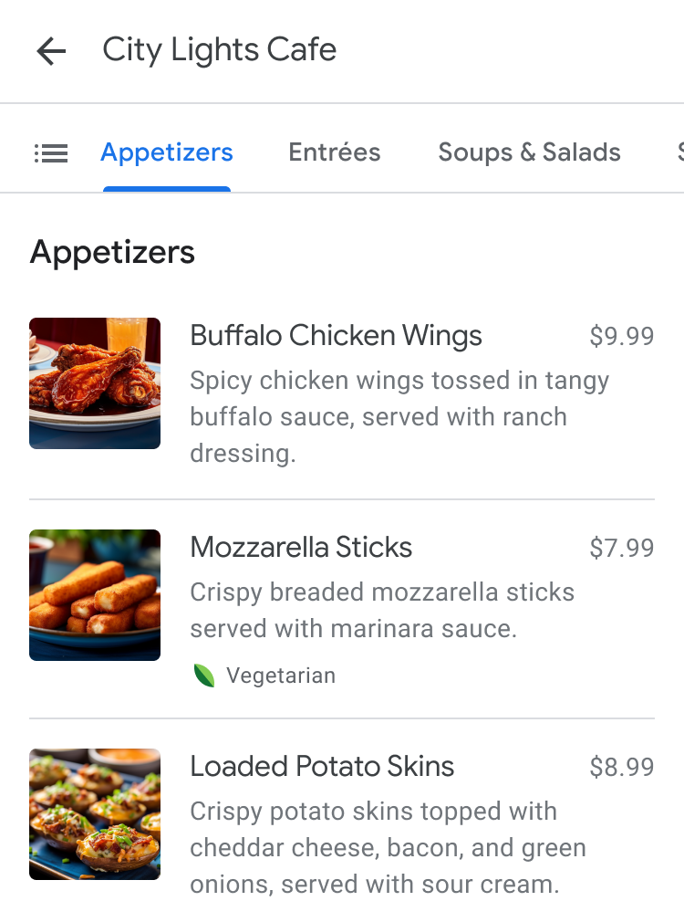 Example menu showing menu items with descriptions