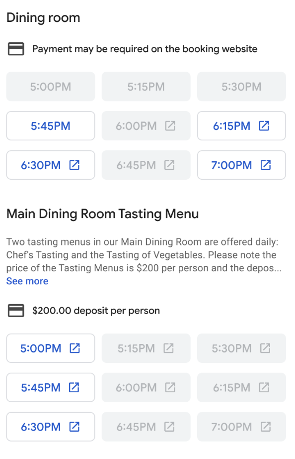 그림 1: 방 설명을 포함한 좌석 섹션이 있는 레스토랑의 슬롯 선택 예