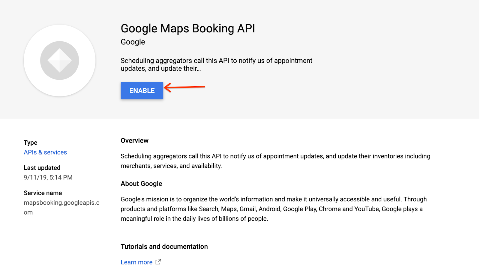 Включить API бронирования Google Maps