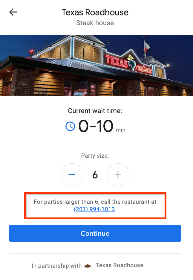 Join waitlist dialog window, and notice to call restaurant for parties larger than six
