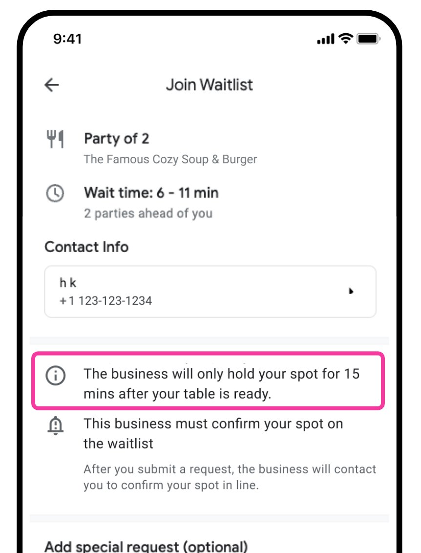 Exemple de conseils sur une liste d&#39;attente indiquant &quot;The Business will only have only
      notre place 15 minutes après que votre table est prête. sur la liste d&#39;attente modale.