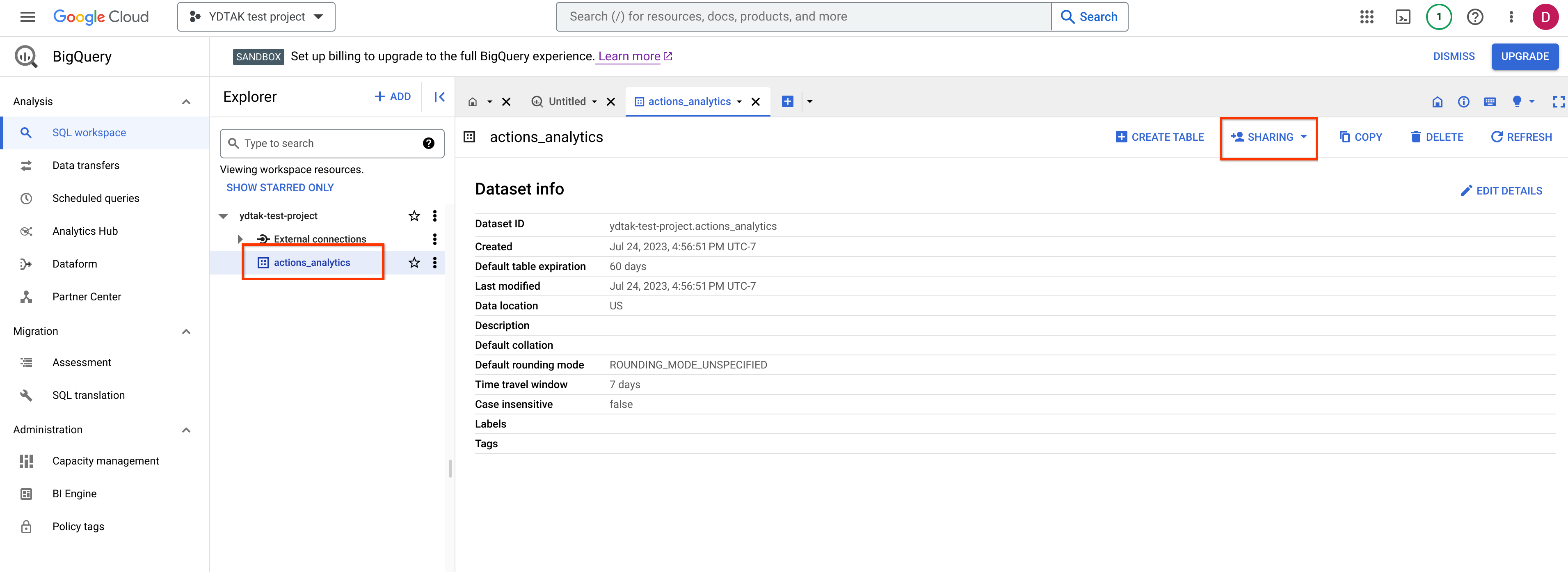 Sharing dropdown on actions_analytics dataset.