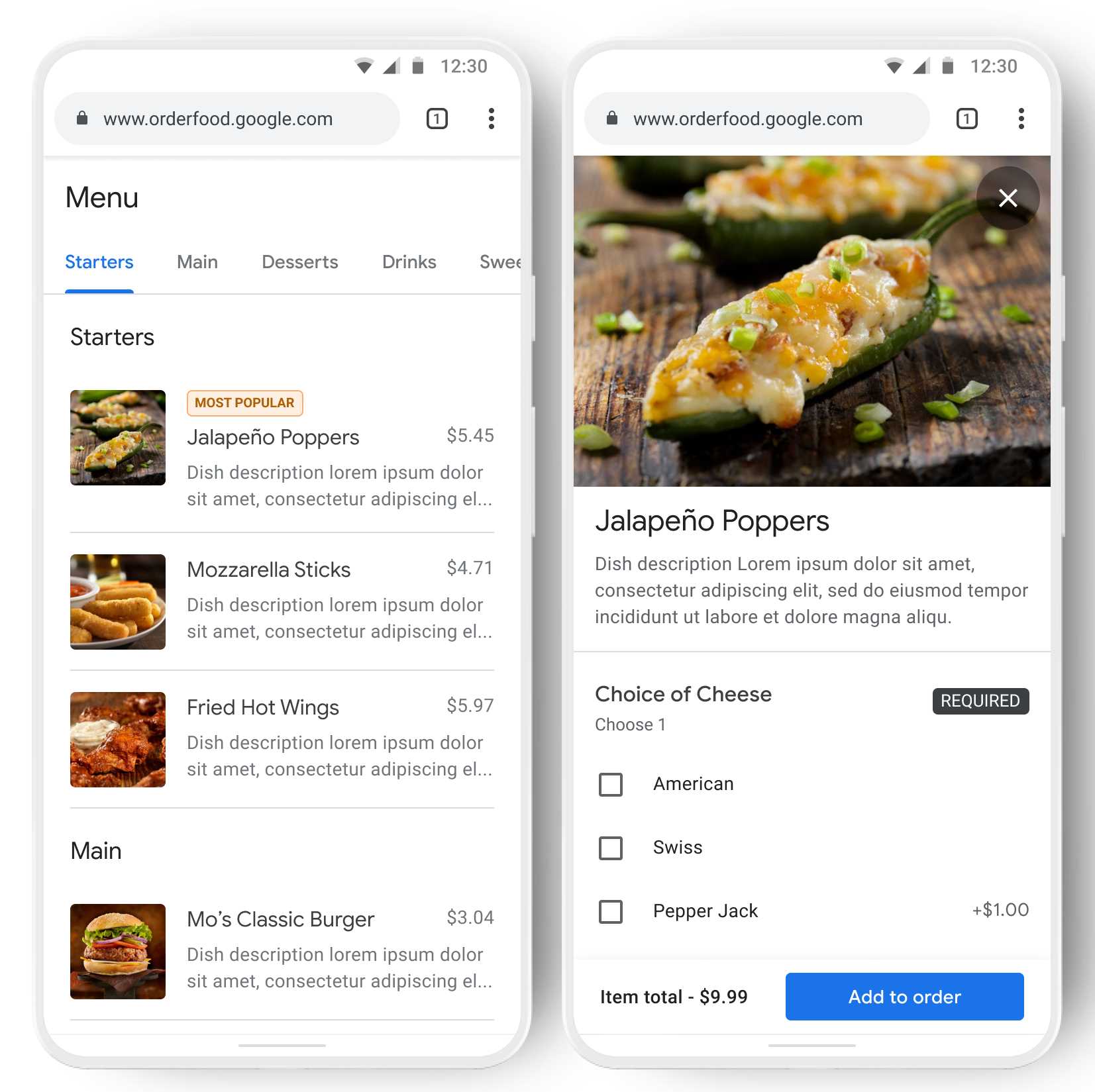 Mobilna pozycja menu i kolejna mobilna strona ze szczegółami dania
