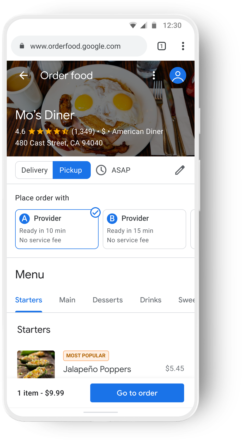 Ein mobiler Eintrag für ein Restaurant gefolgt von zwei verschiedenen Lieferdiensten.