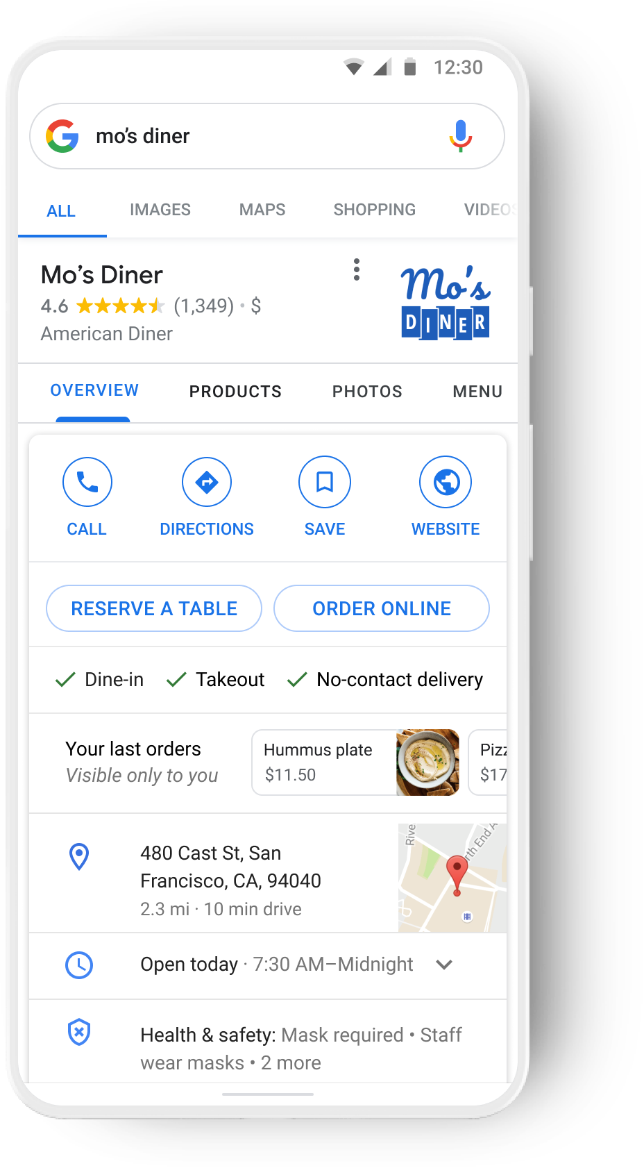 Wpis na urządzeniu mobilnym dotyczący pojedynczej restauracji w wyszukiwarce Google.
