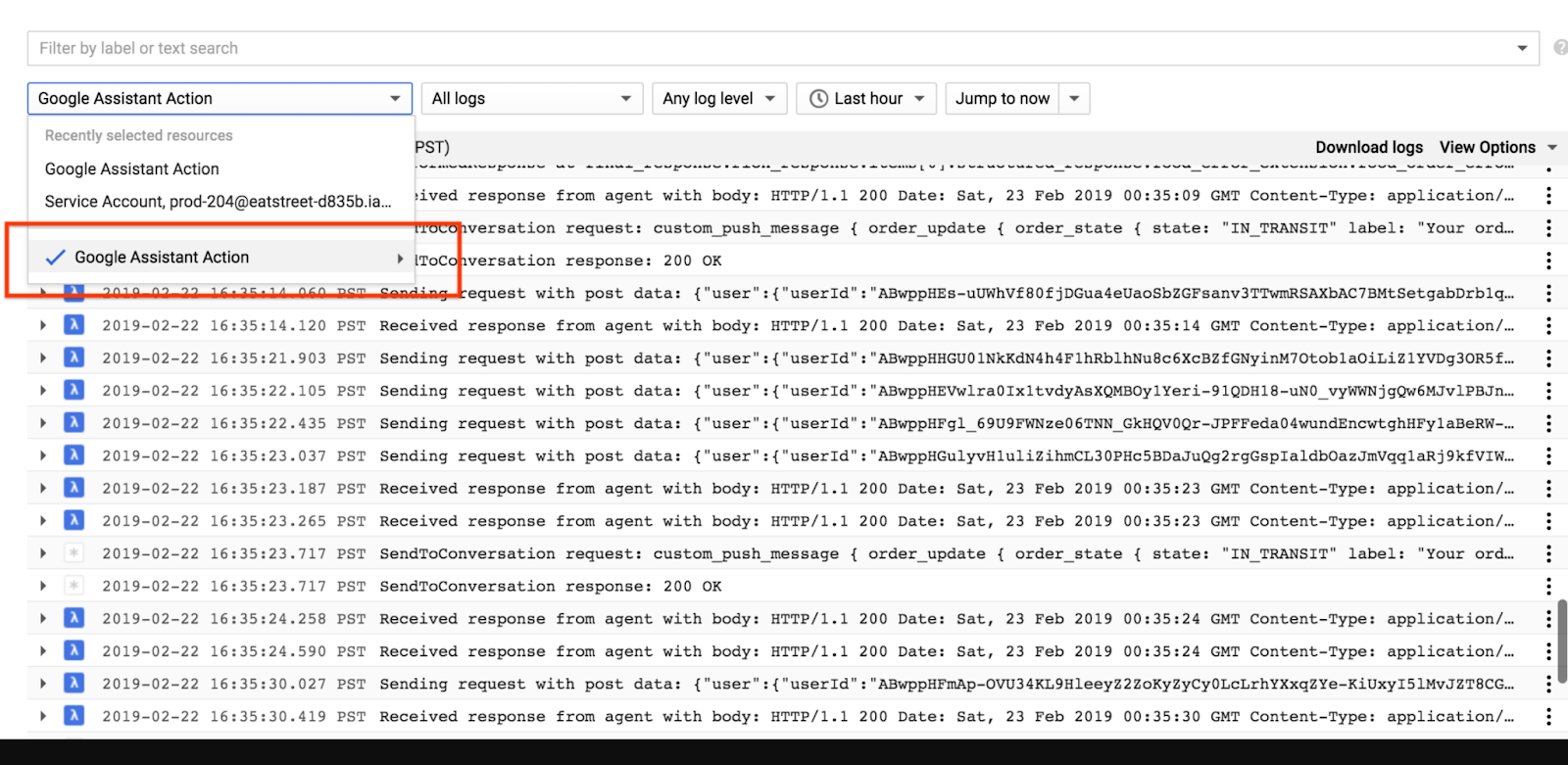 บันทึก Stackdriver ซึ่งแสดงการดำเนินการของ Google Assistant เป็นทรัพยากรที่เลือก