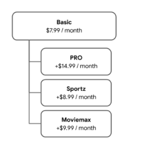 Chaque utilisateur commence avec la chaîne Basic et peut choisir d'ajouter n'importe quelle combinaison des chaînes PRO, Sportz et Moviemax.