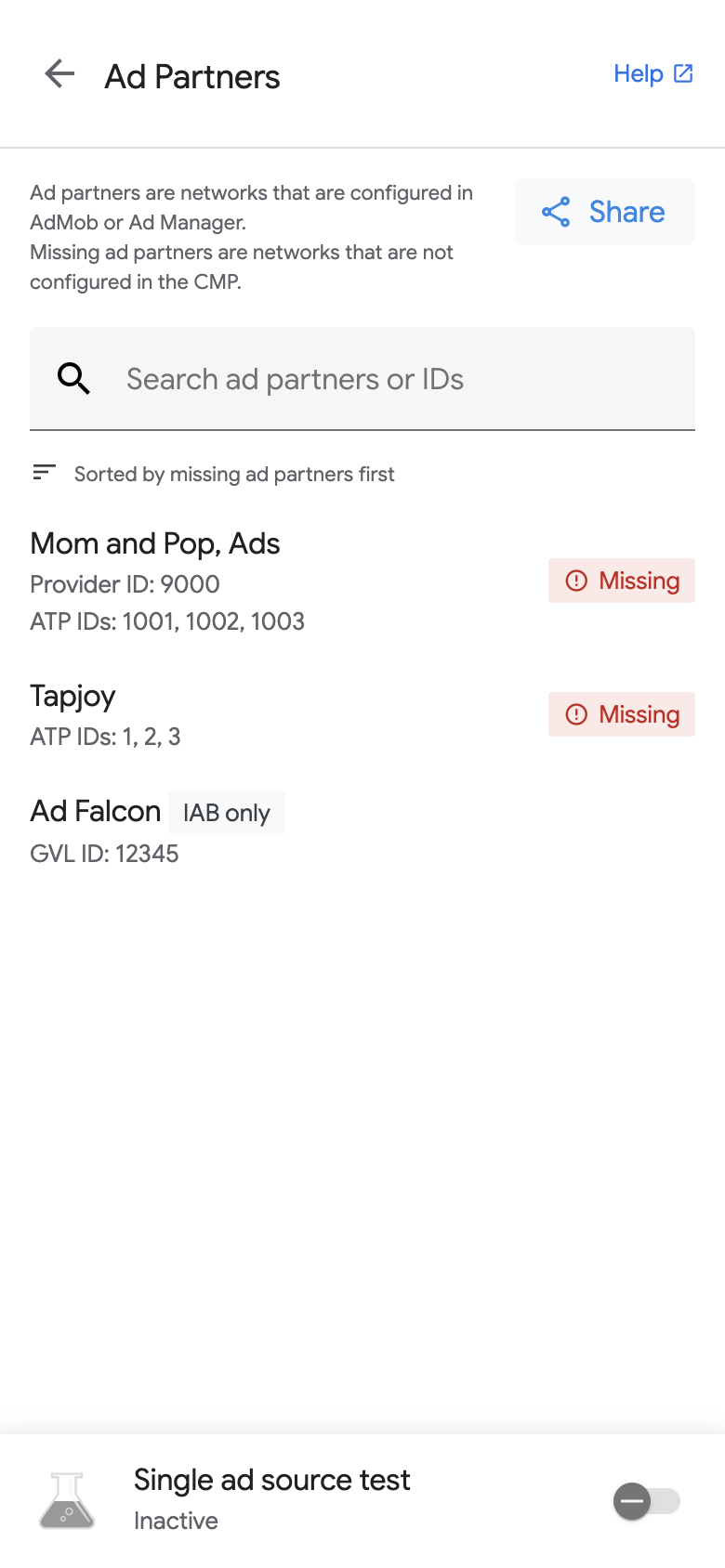 הדף &#39;שותפי מודעות&#39; בכלי לבדיקת מודעות עם מזהים
