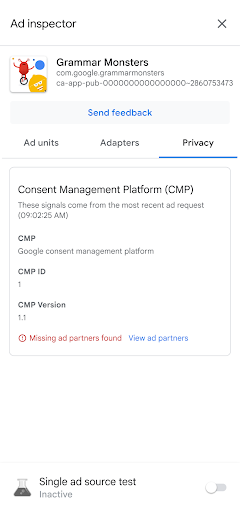 Detalhes da plataforma de gestão de consentimento do Ad Inspector