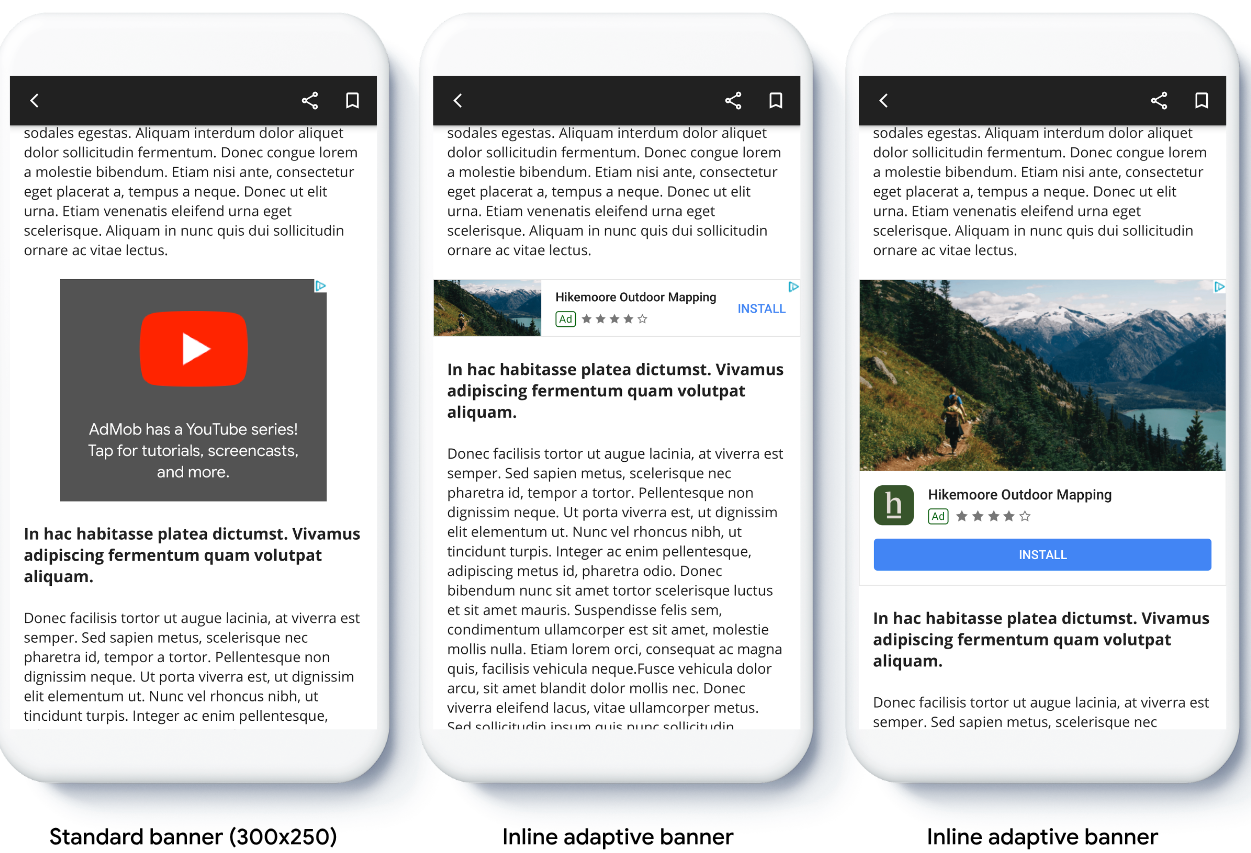 Diagrama que muestra las diferencias entre los banners adaptables fijos y los intercalados
