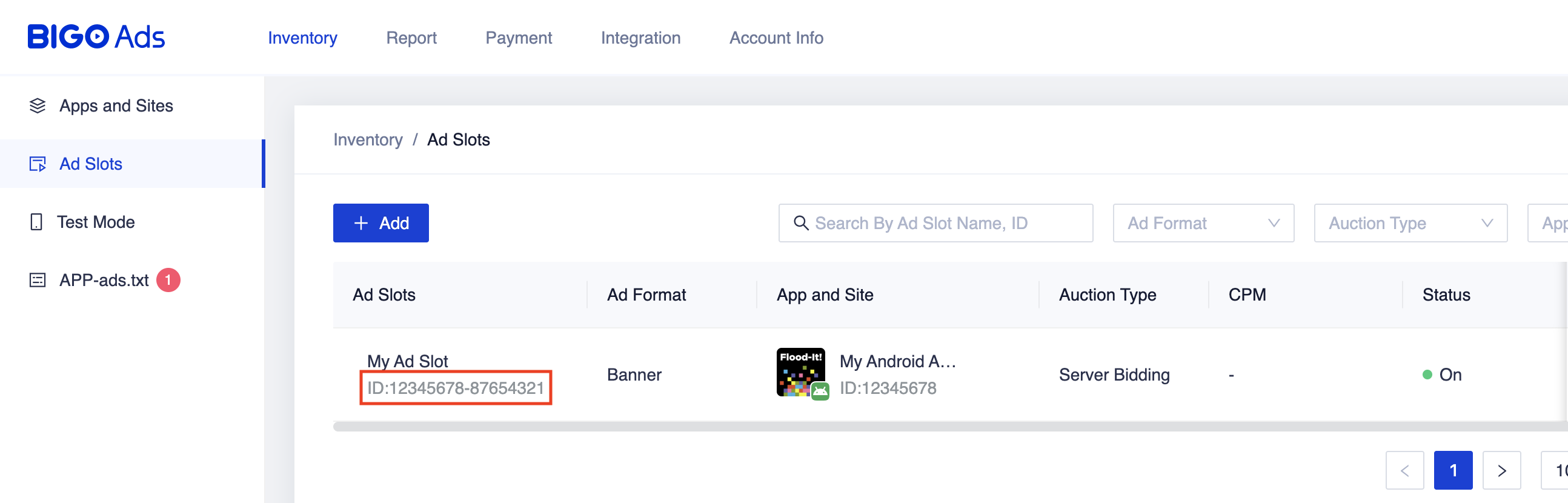 ID del espacio publicitario