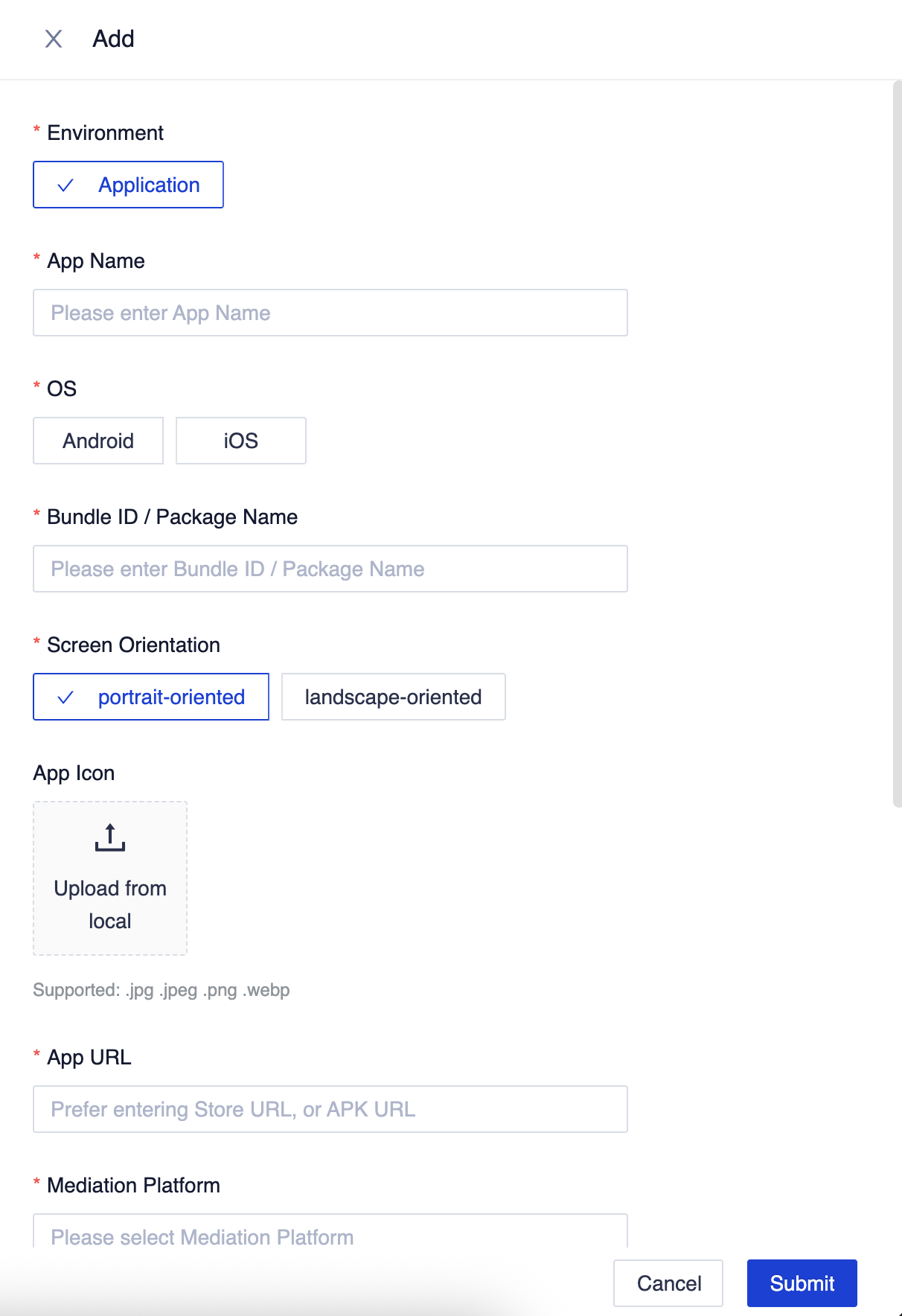 Formulário de novo app