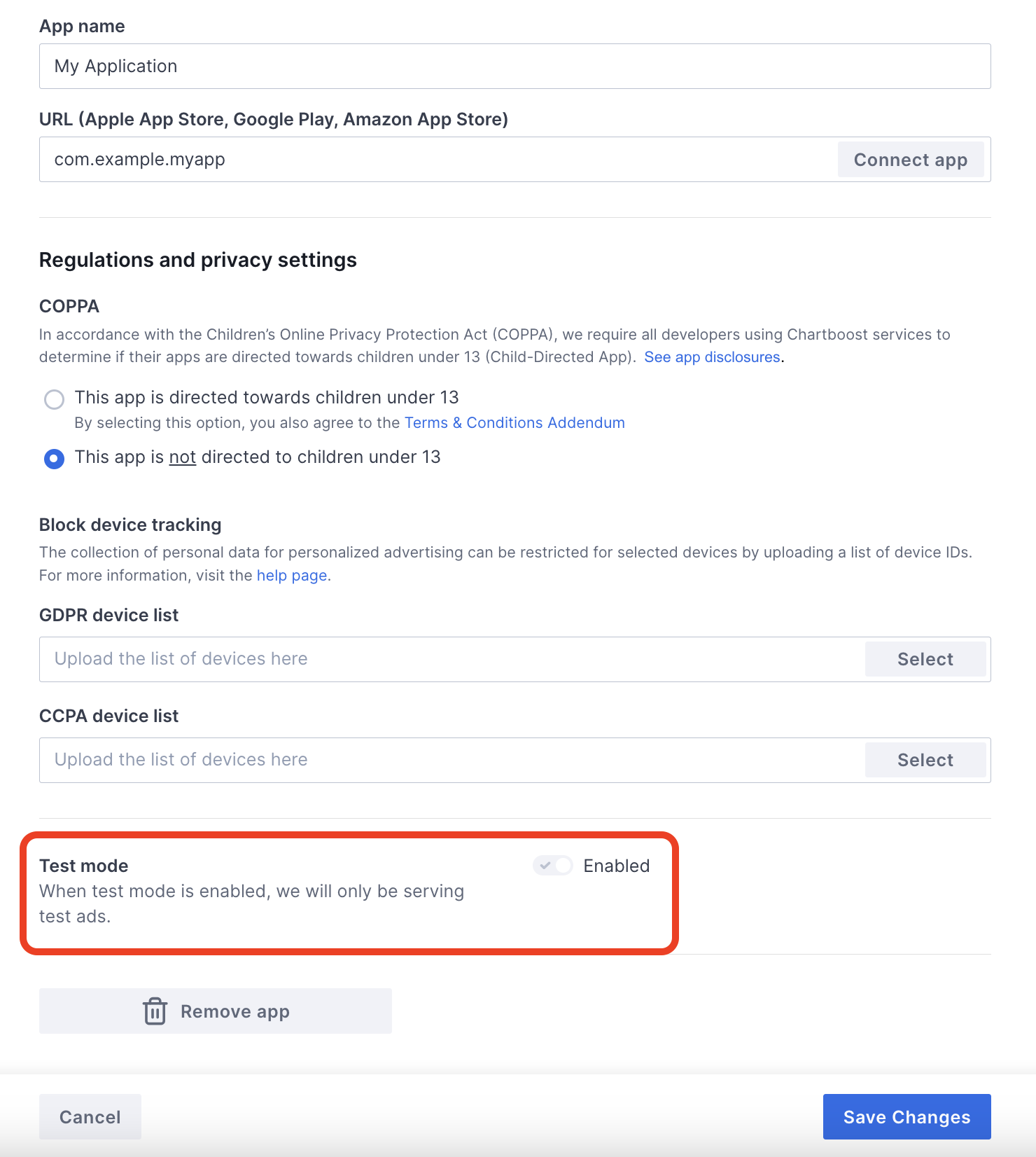тестовый режим Chartboost