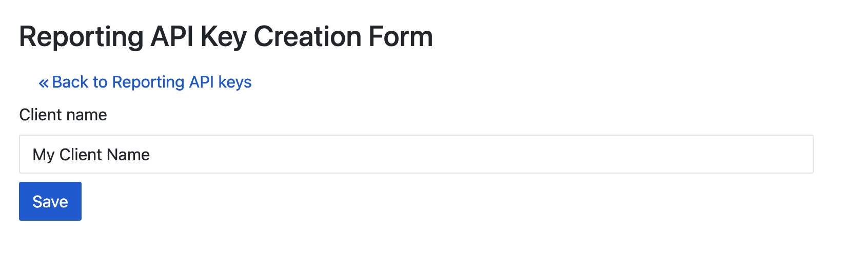 Formulaire de clé API Reporting