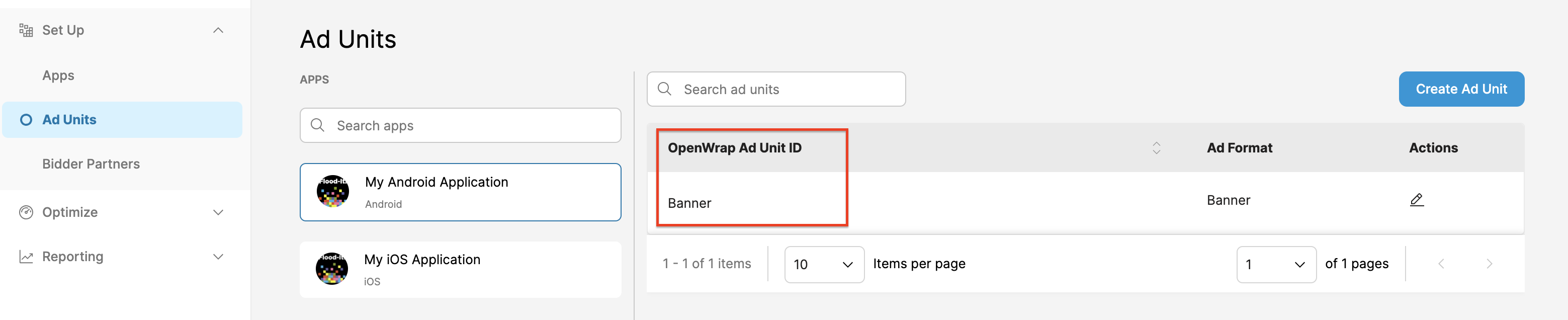 ID de bloc d'annonces de l'application