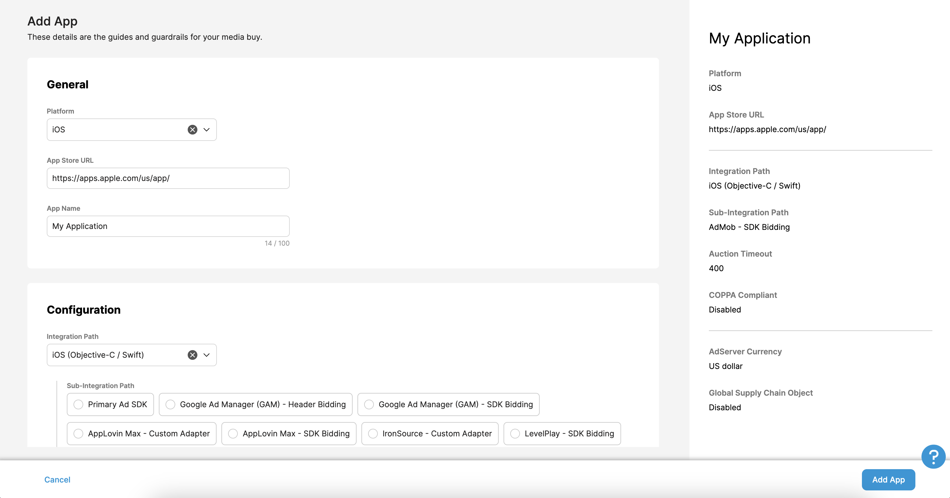 Formulário de novo app