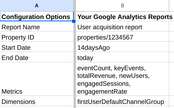 Google Analytics 表格插件报告配置工作表