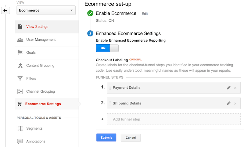 Configuración del comercio electrónico en la sección Administrar de la interfaz web de Google Analytics. Función de comercio electrónico habilitada con dos etiquetas de pasos en el embudo de pago, 1. Detalles del pago y 2. Detalles del envío