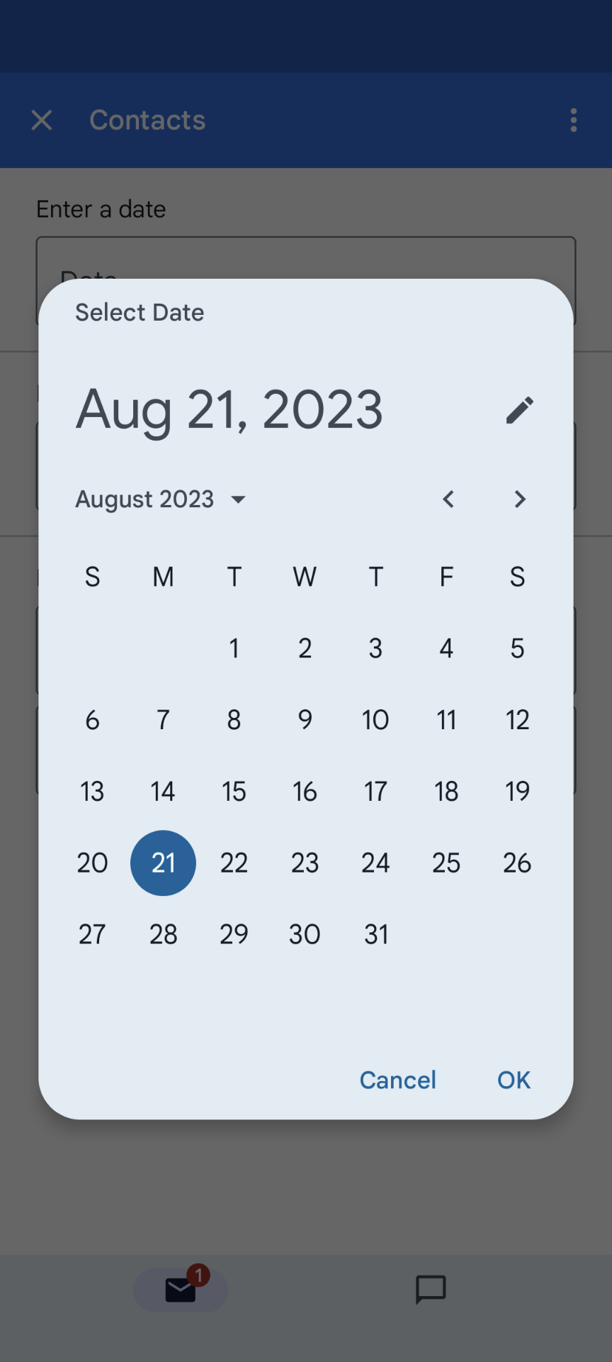 モバイルでの日付選択ツールの選択例