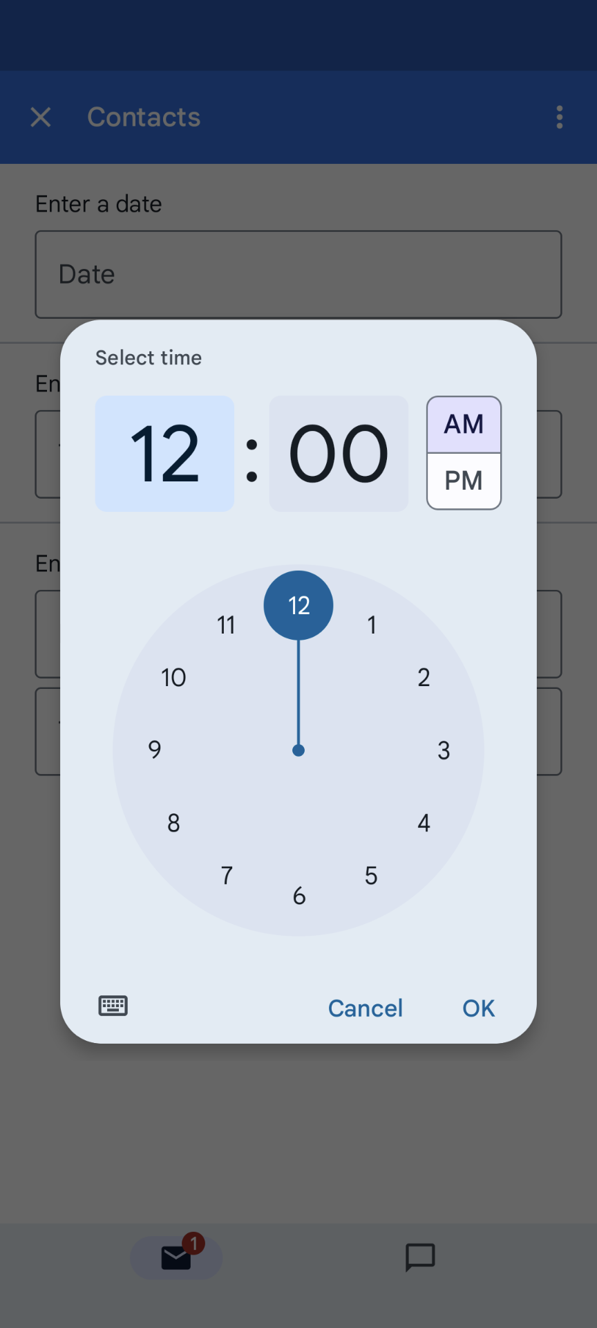Exemplo de seleção de seletor de horário do dispositivo móvel
