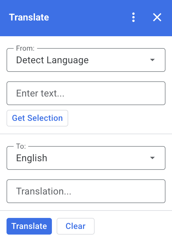 Captura de tela do complemento do Google Workspace para o Tradutor
