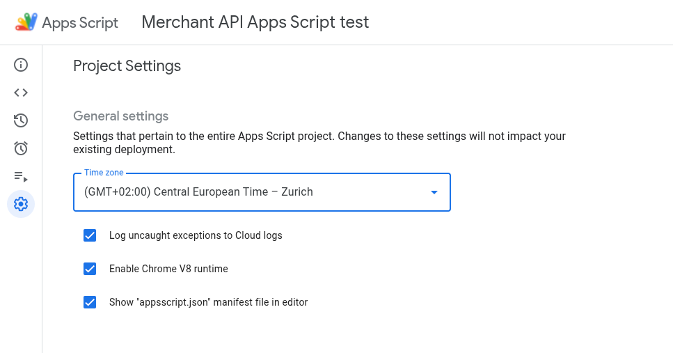 Apps Script प्रोजेक्ट की सेटिंग में, 'मेनिफ़ेस्ट फ़ाइल appsscript.json को एडिटर में दिखाएं' विकल्प दिख रहा है.
