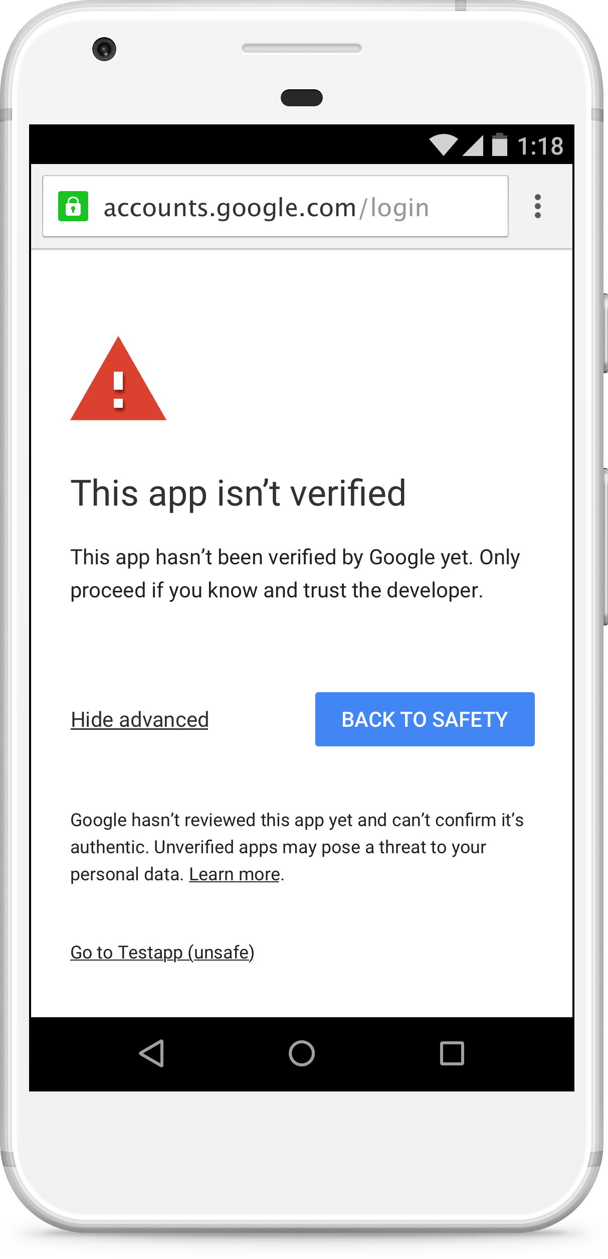 The unverified app warning screen.