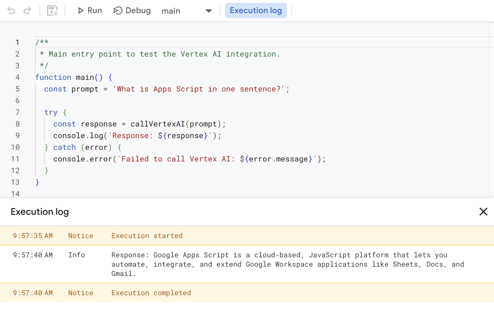 טקסט שנוצר על ידי AI משירות מתקדם של Vertex AI ב-Apps Script.