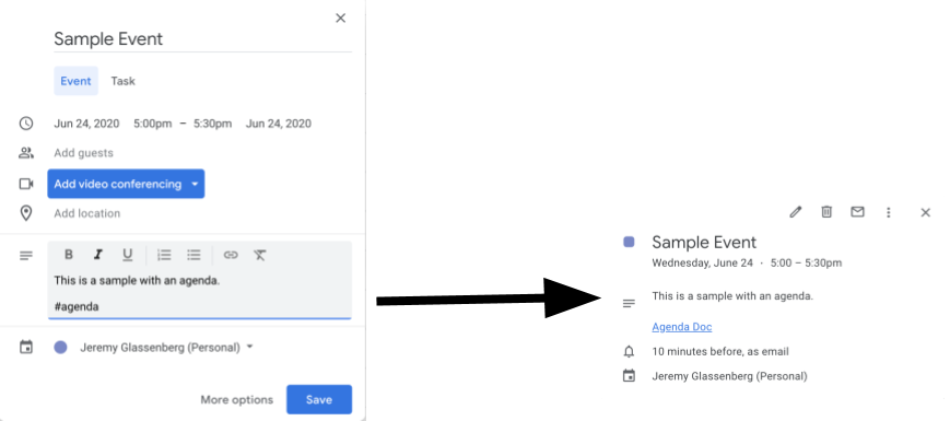 Screenshot dell'agenda aggiunto all'evento di Calendar