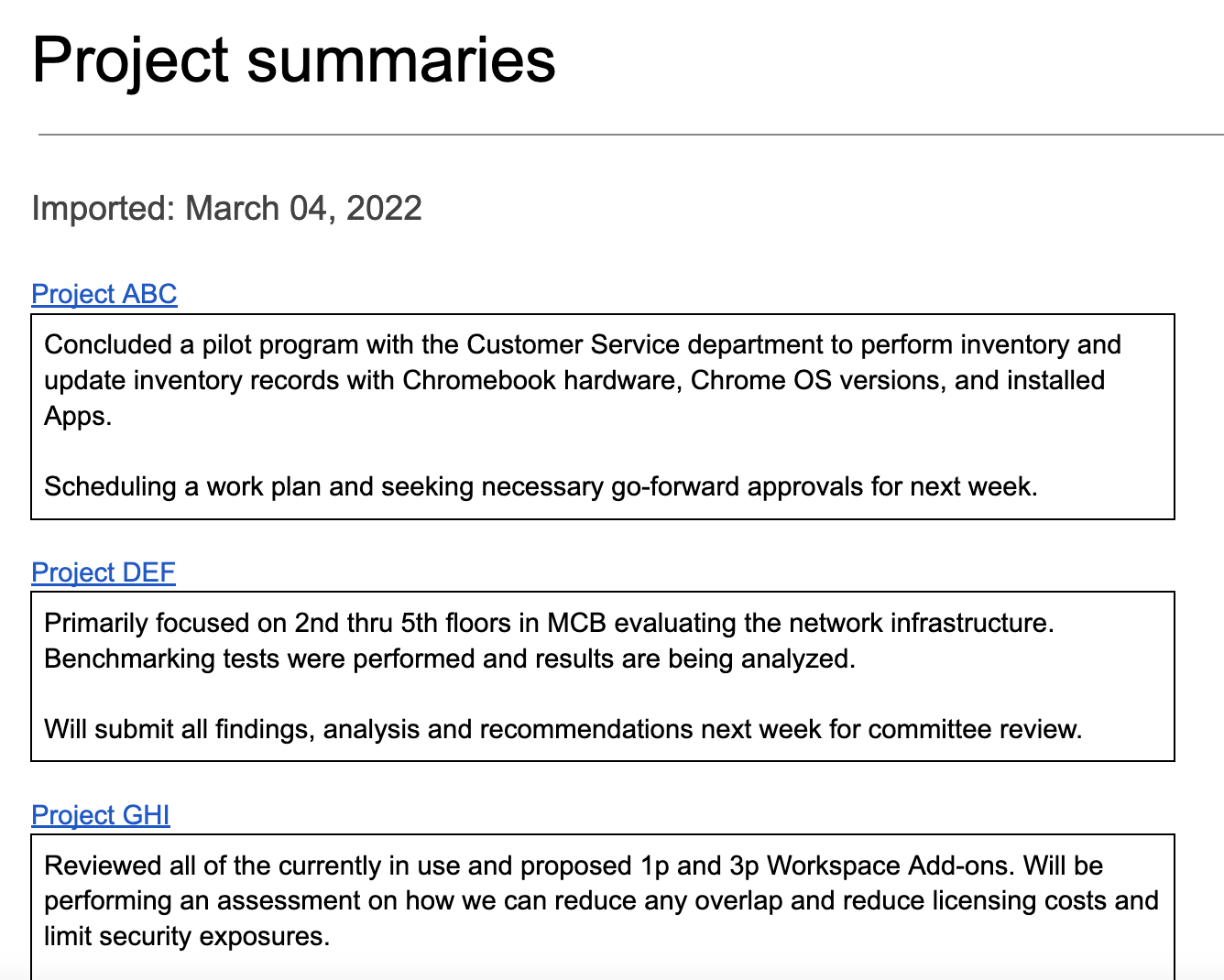 Screenshot of imported project summaries